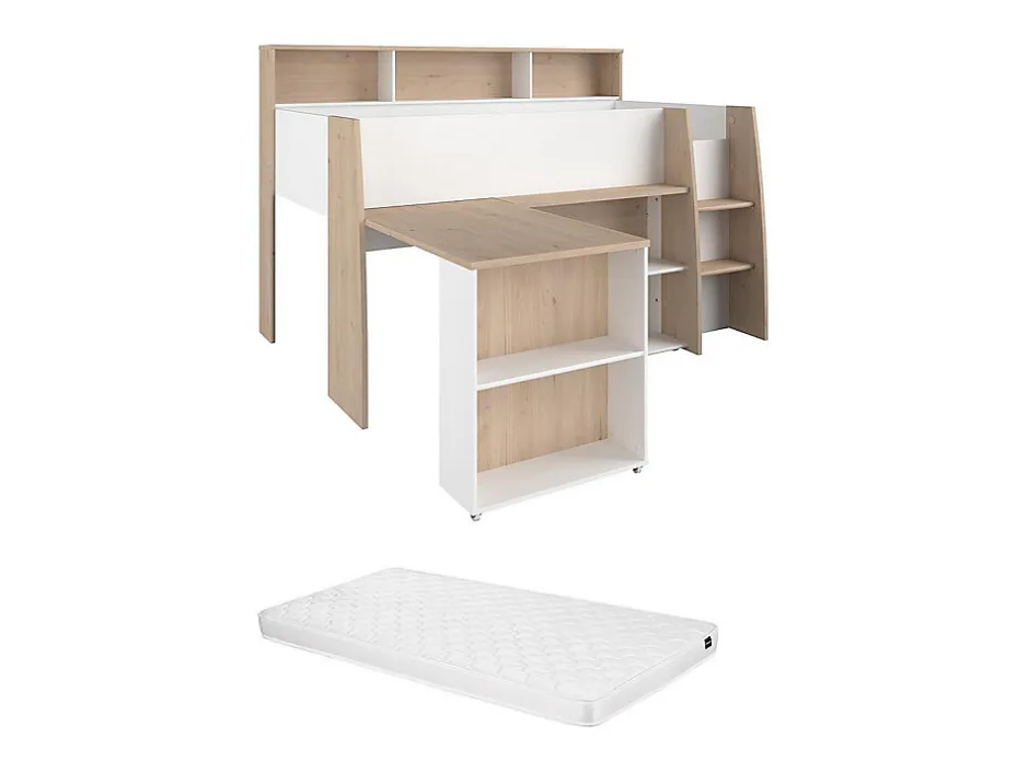 Enfant Vente-unique Lit combiné 90 x 200 cm avec bureau et rangements - Blanc et naturel + Matelas - APOLINO