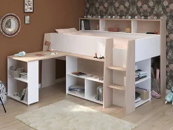 Enfant Vente-unique Lit combiné 90 x 200 cm avec bureau et rangements - Blanc et naturel + Matelas - APOLINO