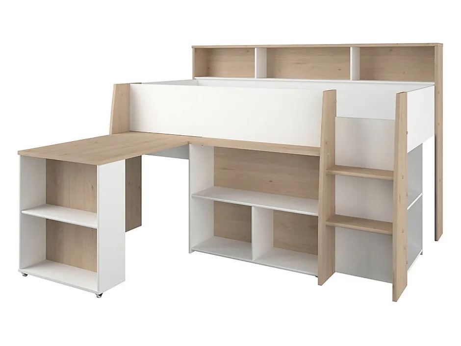 Enfant Vente-unique Lit combiné 90 x 200 cm avec bureau et rangements - Blanc et naturel + Matelas - APOLINO