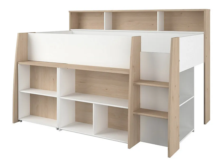 Enfant Vente-unique Lit combiné 90 x 200 cm avec bureau et rangements - Blanc et naturel + Matelas - APOLINO