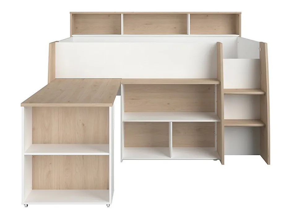 Enfant Vente-unique Lit combiné 90 x 200 cm avec bureau et rangements - Blanc et naturel + Matelas - APOLINO