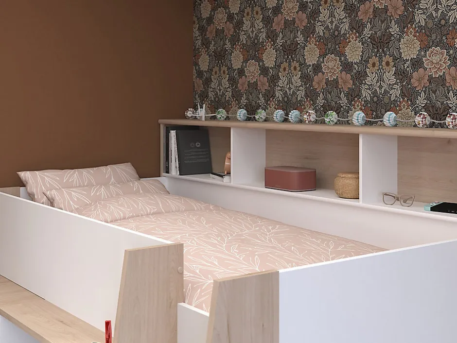 Enfant Vente-unique Lit combiné 90 x 200 cm avec bureau et rangements - Blanc et naturel + Matelas - APOLINO
