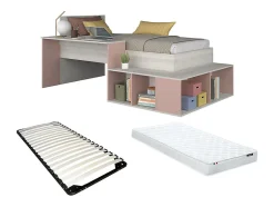 Enfant Vente-unique Lit combiné 90 x 200 cm avec rangements et bureau - Coloris : Naturel et rose + Sommier + Matelas - RIGALI
