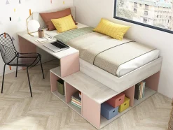 Enfant Vente-unique Lit combiné 90 x 200 cm avec rangements et bureau - Coloris : Naturel et rose + Sommier + Matelas - RIGALI