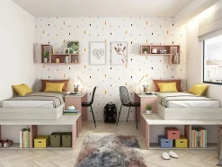 Enfant Vente-unique Lit combiné 90 x 200 cm avec rangements et bureau - Coloris : Naturel et rose + Sommier + Matelas - RIGALI