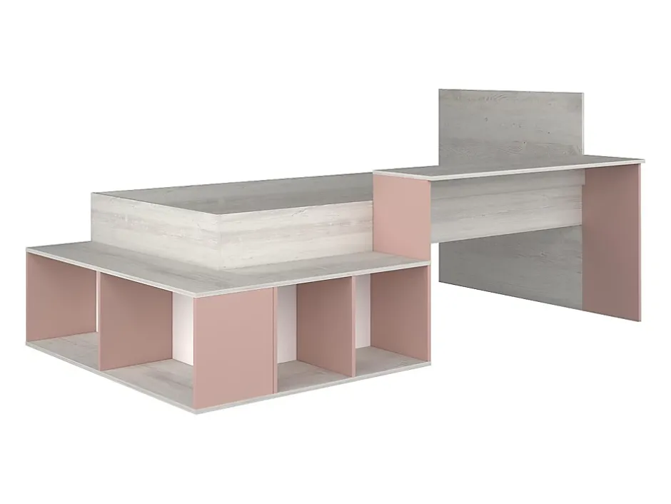 Vente-unique Lit combiné 90 x 200 cm avec rangements et bureau - Coloris : Naturel et Rose - RIGALI