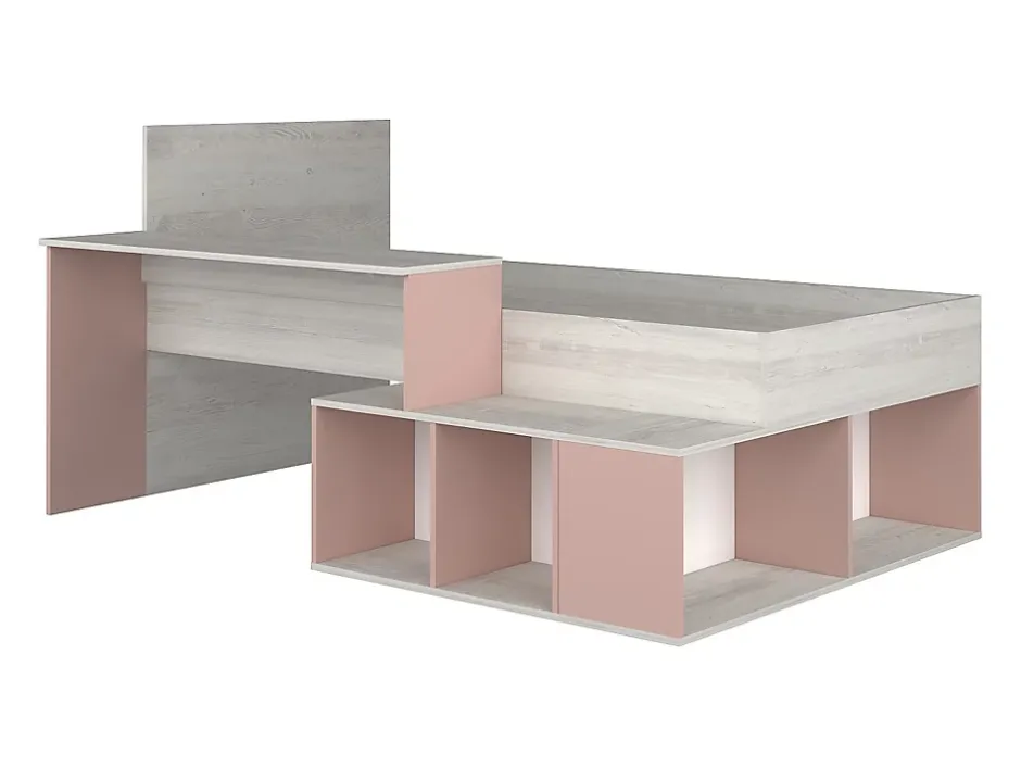 Vente-unique Lit combiné 90 x 200 cm avec rangements et bureau - Coloris : Naturel et Rose - RIGALI