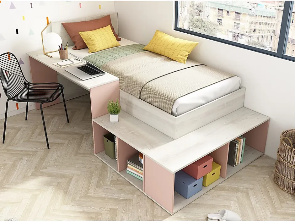Vente-unique Lit combiné 90 x 200 cm avec rangements et bureau - Coloris : Naturel et Rose - RIGALI