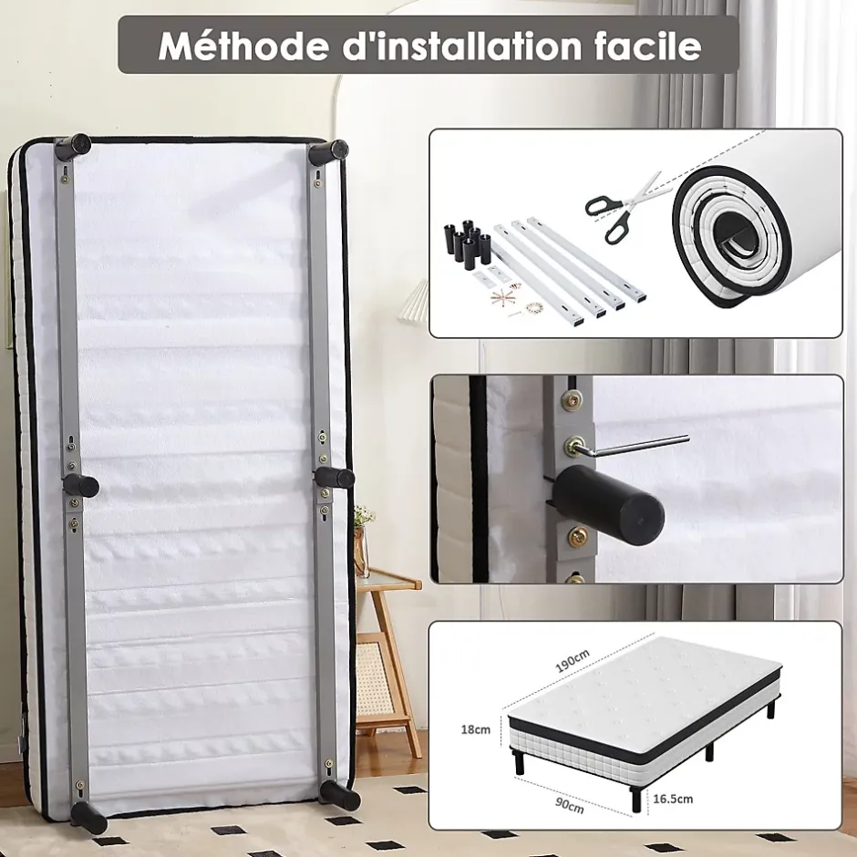 Teeno Lit combiné avec matelas à ressorts et cadre de lit en fer, 18 cm d'épaisseur, 90 x 190 cm, 6 pieds.