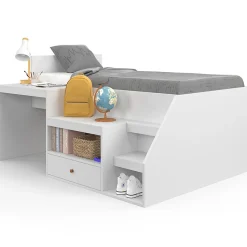 IDMarket Lit combiné avec sommier, bureau et rangement LEOPOLD 90 x 190 cm blanc