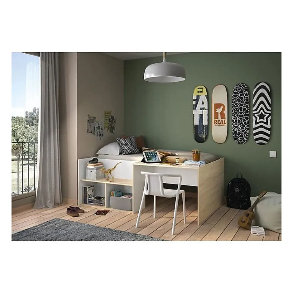 Diagone Lit combiné enfant OSCAR - 90 x 190 cm - Chene clair / Blanc - Sale