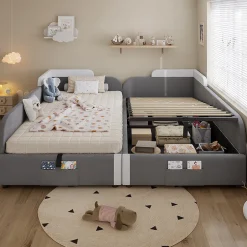Enfant Blackcolors Lit combiné enfant 90x200 cm x2, hydraulique, sac rangement, contreplaqué - gris