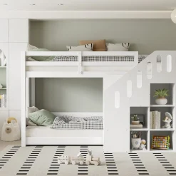 Enfant Okwish Lit Combiné 90x200 cm - Lit Superposé enfant avec Escaliers et Casier - Bois - Sans Matelas - Blanc