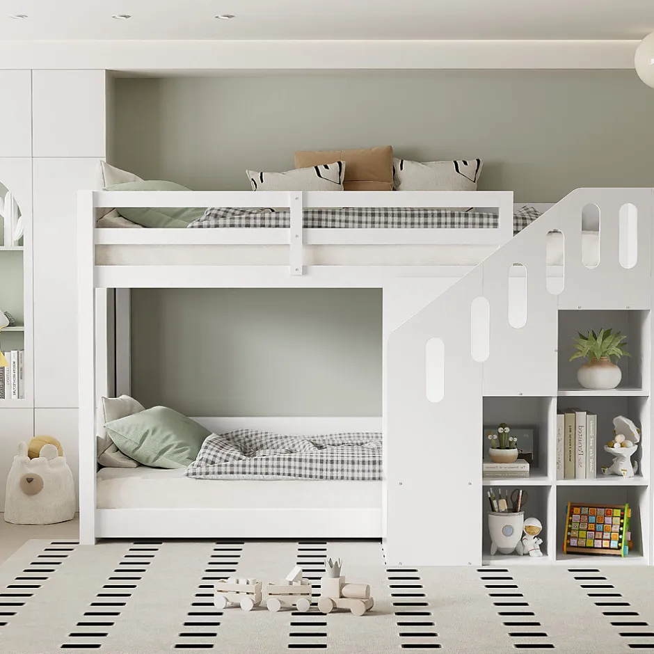 Enfant Okwish Lit Combiné 90x200 cm - Lit Superposé enfant avec Escaliers et Casier - Bois - Sans Matelas - Blanc