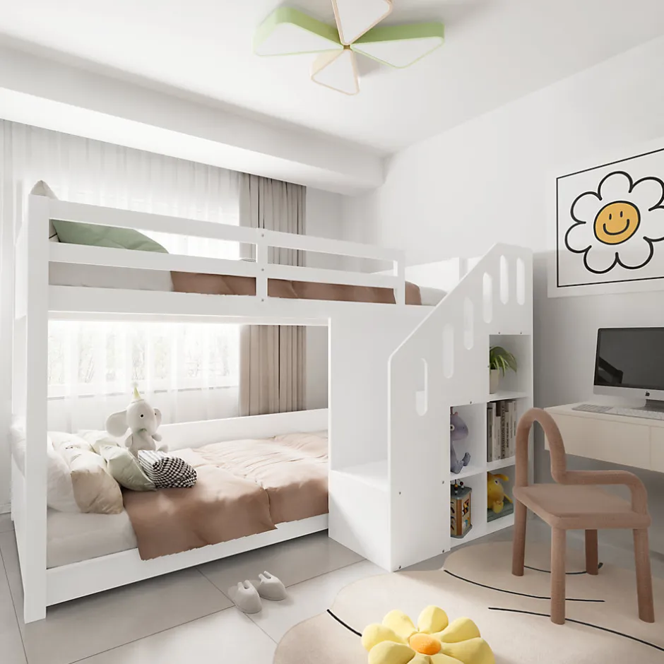 Enfant Okwish Lit Combiné 90x200 cm - Lit Superposé enfant avec Escaliers et Casier - Bois - Sans Matelas - Blanc