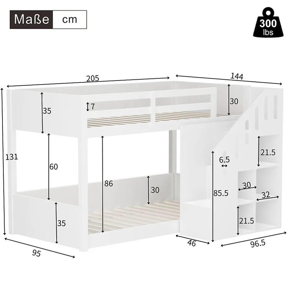 Enfant Okwish Lit Combiné 90x200 cm - Lit Superposé enfant avec Escaliers et Casier - Bois - Sans Matelas - Blanc