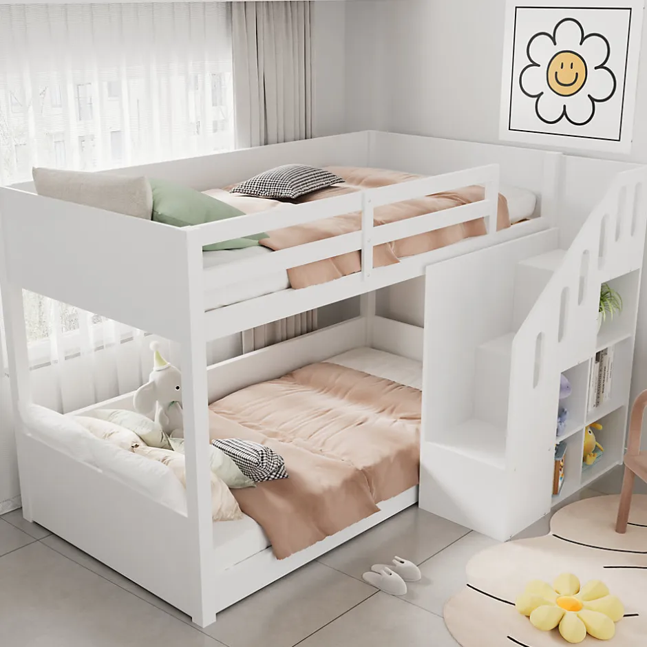 Enfant Okwish Lit Combiné 90x200 cm - Lit Superposé enfant avec Escaliers et Casier - Bois - Sans Matelas - Blanc