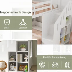 Enfant Okwish Lit Combiné 90x200 cm - Lit Superposé enfant avec Escaliers et Casier - Bois - Sans Matelas - Blanc