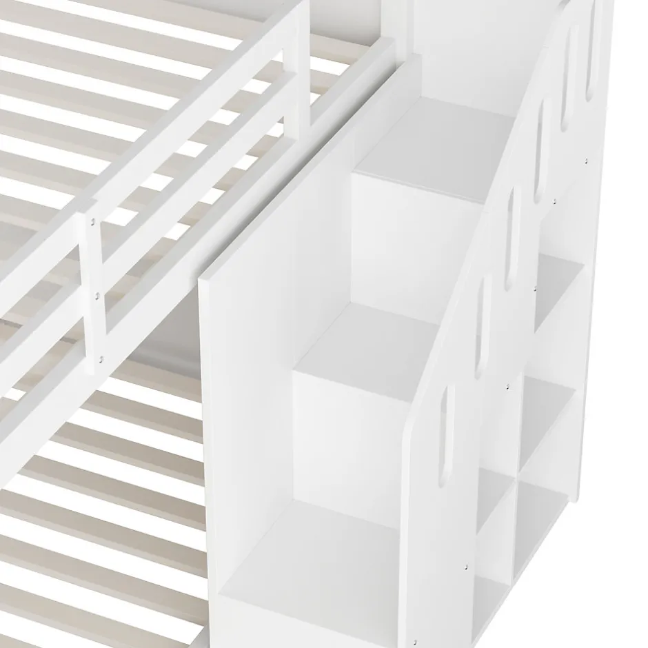 Enfant Okwish Lit Combiné 90x200 cm - Lit Superposé enfant avec Escaliers et Casier - Bois - Sans Matelas - Blanc