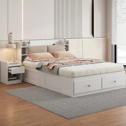 Redom Lit combiné 140x200 cm en bois massif avec tête de lit rangement tiroirs table de chevet armoire et banquette blanc New