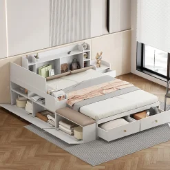 Redom Lit combiné 140x200 cm en bois massif avec tête de lit rangement tiroirs table de chevet armoire et banquette blanc New