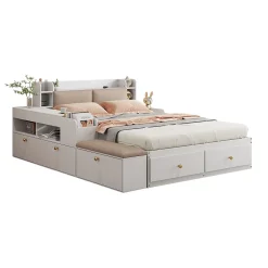 Redom Lit combiné 140x200 cm en bois massif avec tête de lit rangement tiroirs table de chevet armoire et banquette blanc New