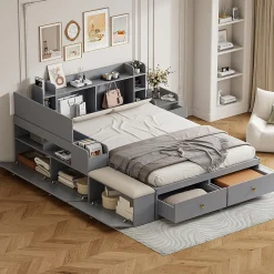 Redom Lit combiné 140x200 cm en bois massif avec tête de lit rangement tiroirs table de chevet armoire et banquette gris