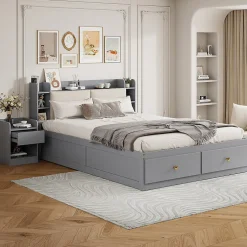 Redom Lit combiné 140x200 cm en bois massif avec tête de lit rangement tiroirs table de chevet armoire et banquette gris
