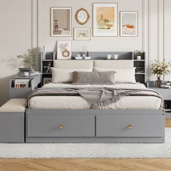 Redom Lit combiné 140x200 cm en bois massif avec tête de lit rangement tiroirs table de chevet armoire et banquette gris