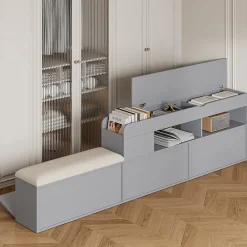Redom Lit combiné 140x200 cm en bois massif avec tête de lit rangement tiroirs table de chevet armoire et banquette gris