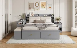 Redom Lit combiné 140x200 cm en bois massif avec tête de lit rangement tiroirs table de chevet armoire et banquette gris
