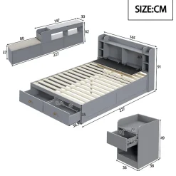 Redom Lit combiné 140x200 cm en bois massif avec tête de lit rangement tiroirs table de chevet armoire et banquette gris