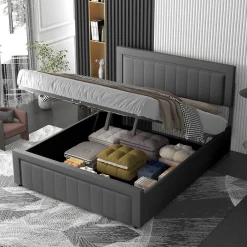 Concept Usine Lit contemporain avec coffre de rangement 140x190cm en velours gris - NASHVILLE Discount
