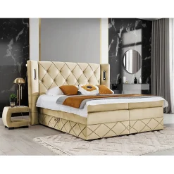 Mobilier1 Lit continental Baltimore 187, Unique, Brun clair, Tissu, Disponible
