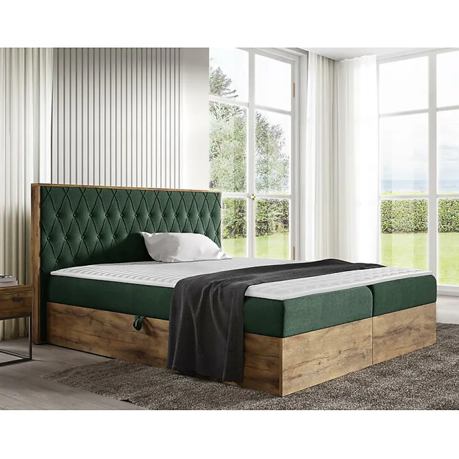 Mobilier1 Lit continental Baltimore 190, Unique, Vert, Tissu, Disponible Sale