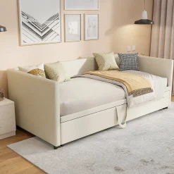 ProximaX Lit convertible 90/180x200 cm, canapé avec roulettes, sommier à lattes, tissu velours beige
