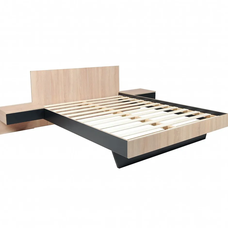 Weber Industries Lit COOL 140x190 cm + 2 chevets + sommier / Décor Chêne blanchi & noir Clearance