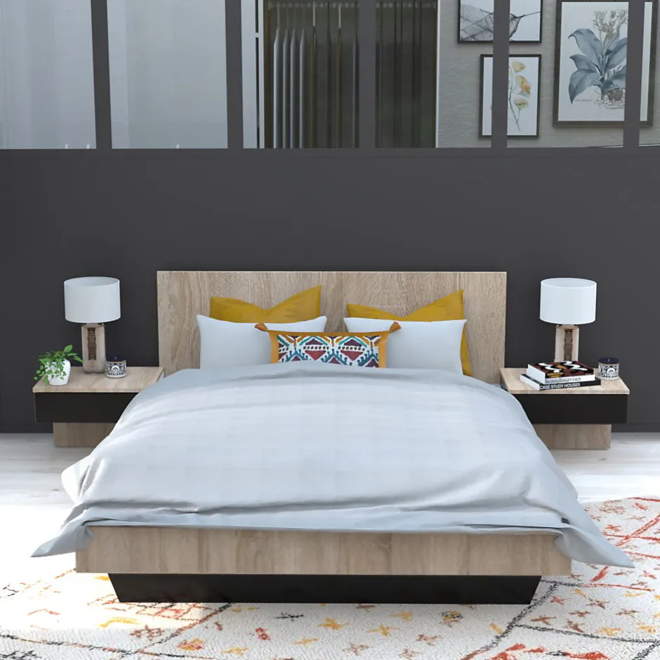 Weber Industries Lit COOL 140x190 cm + 2 chevets + sommier / Décor Chêne blanchi & noir Clearance