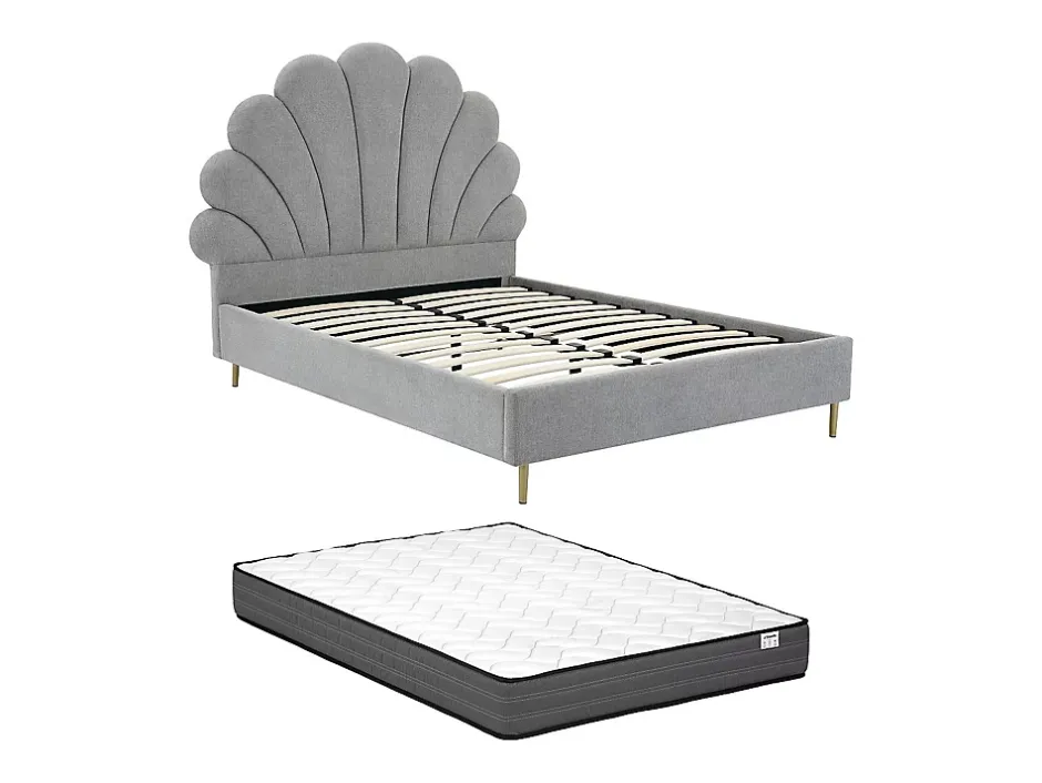 Vente-unique Lit coquillage 160 x 200 cm - Tissu - Gris clair + Matelas - LIVAYA Sale