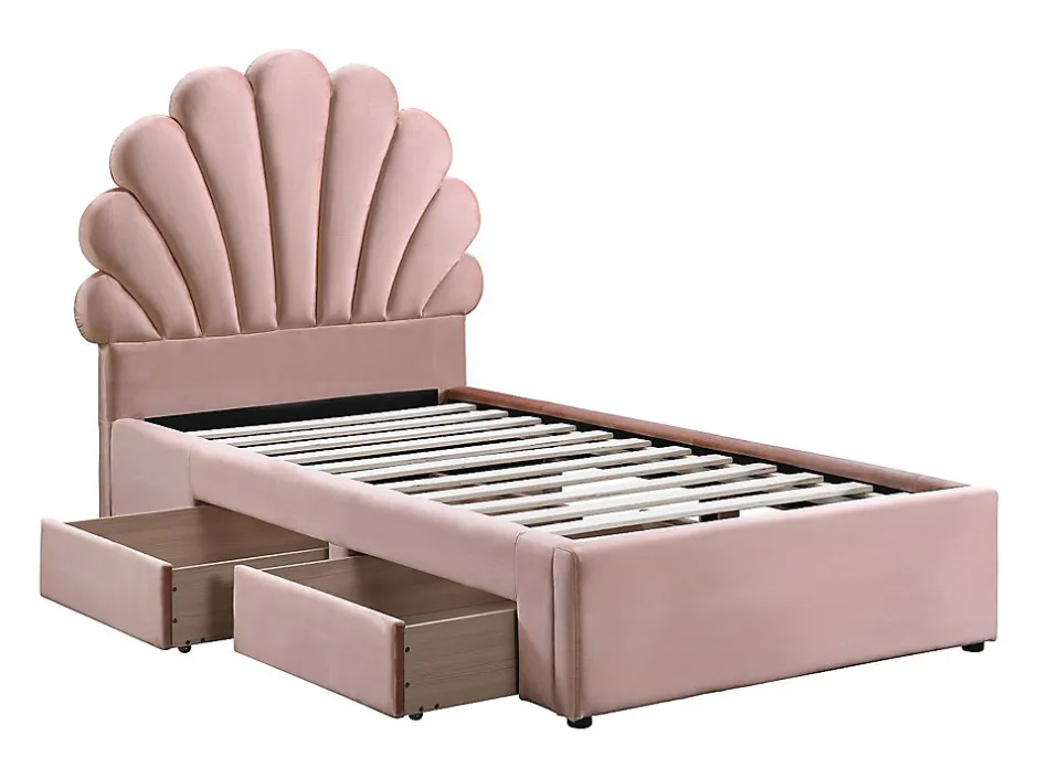 Vente-unique Lit coquillage 90 x 190 cm avec 2 tiroirs - Velours - Rose - MOANA