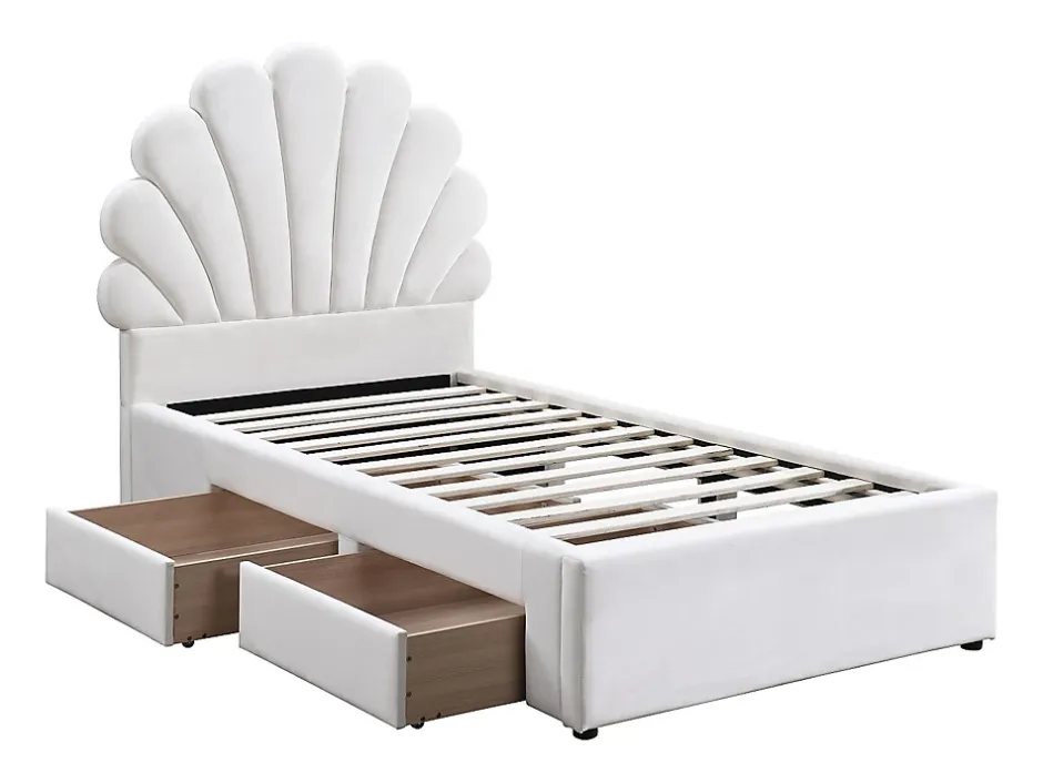 Vente-unique Lit coquillage 90 x 190 cm avec 2 tiroirs - Velours - Blanc - MOANA Hot