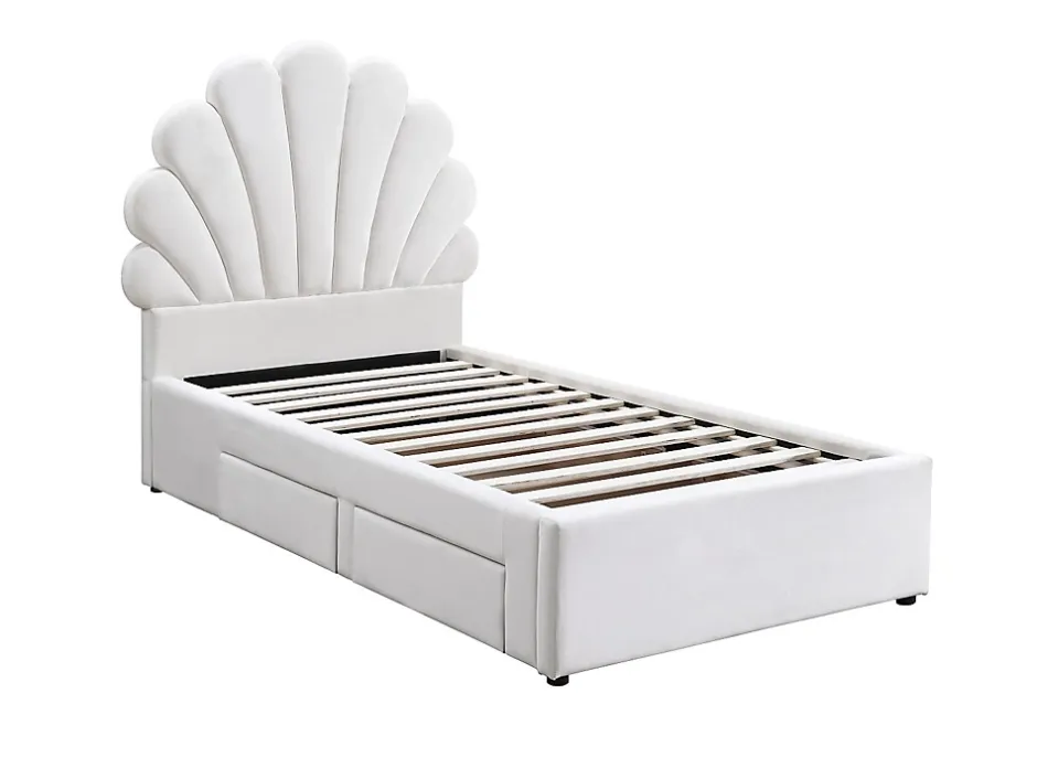 Vente-unique Lit coquillage 90 x 190 cm avec 2 tiroirs - Velours - Blanc - MOANA Hot