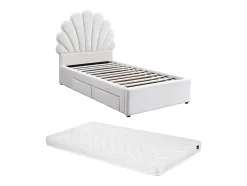 Vente-unique Lit coquillage 90 x 190 cm avec 2 tiroirs - Velours - Blanc + Matelas - MOANA Outlet
