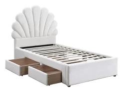 Vente-unique Lit coquillage 90 x 190 cm avec 2 tiroirs - Velours - Blanc + Matelas - MOANA Outlet