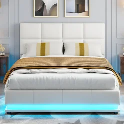 Fortuna lai Lit d'ameublement 140x190 cm avec éclairage LED, cadre à lattes et tête de lit réglable, cuir synthétique, sans matelas, blanc