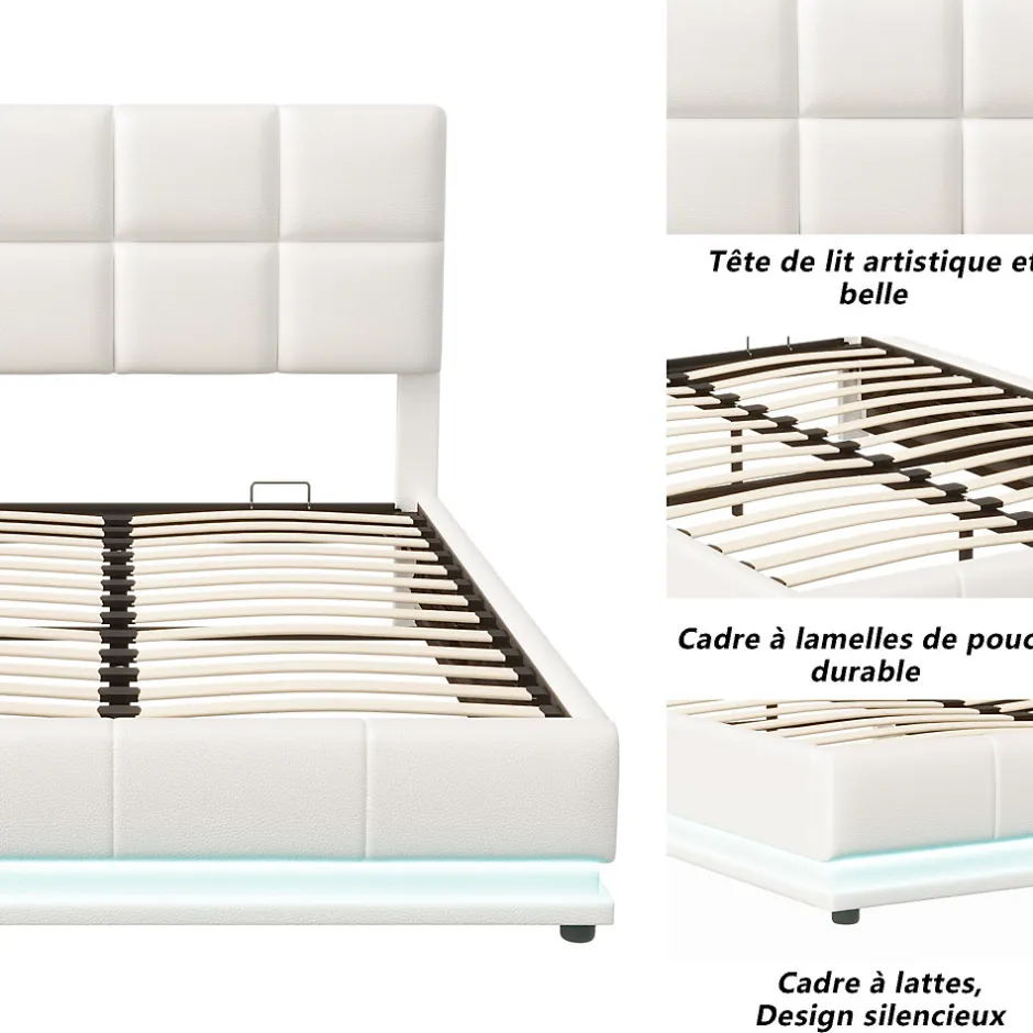 Fortuna lai Lit d'ameublement 140x190 cm avec éclairage LED, cadre à lattes et tête de lit réglable, cuir synthétique, sans matelas, blanc