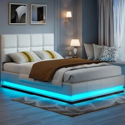 Fortuna lai Lit d'ameublement 140x190 cm avec éclairage LED, cadre à lattes et tête de lit réglable, cuir synthétique, sans matelas, blanc