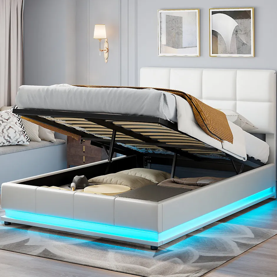 Fortuna lai Lit d'ameublement 140x190 cm avec éclairage LED, cadre à lattes et tête de lit réglable, cuir synthétique, sans matelas, blanc
