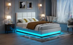 Fortuna lai Lit d'ameublement 140x190 cm avec éclairage LED, cadre à lattes et tête de lit réglable, cuir synthétique, sans matelas, blanc