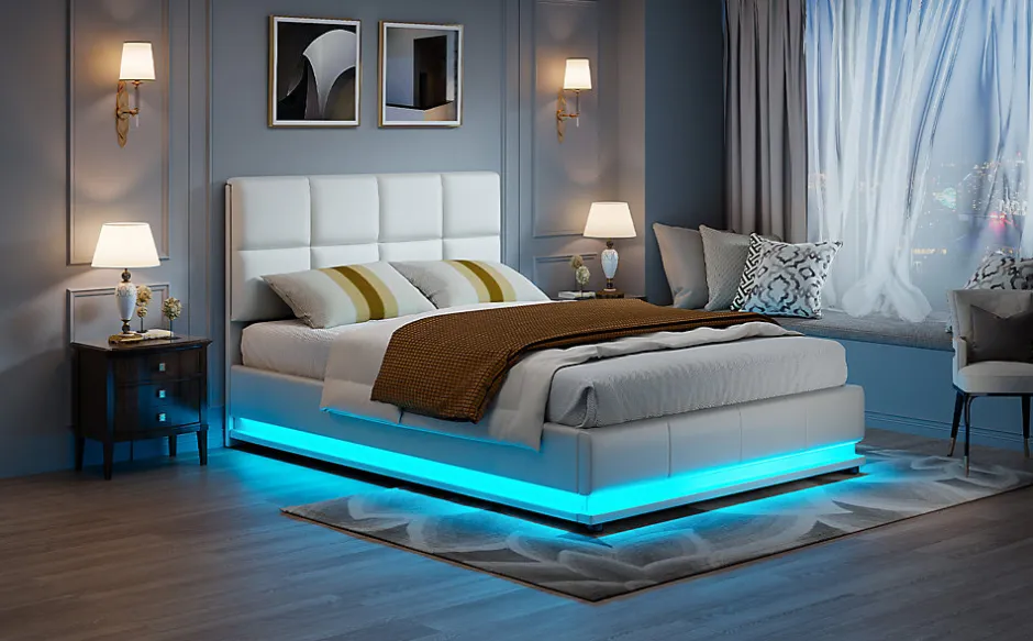 Fortuna lai Lit d'ameublement 140x190 cm avec éclairage LED, cadre à lattes et tête de lit réglable, cuir synthétique, sans matelas, blanc